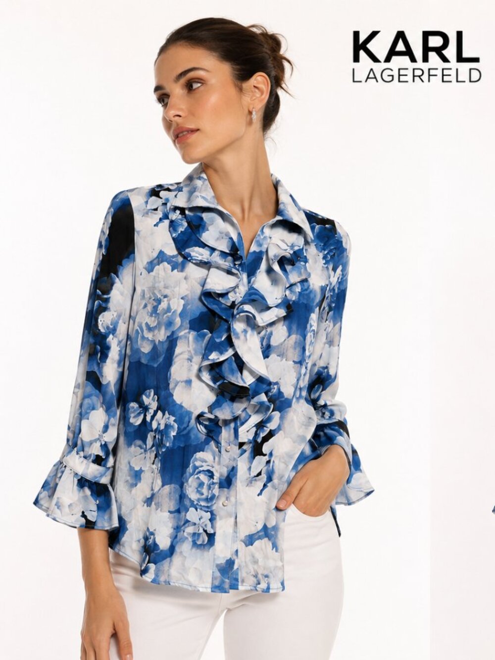 Karl Lagerfeld Paris Blue Floral Ruffle Blouse L9HA6511 XS Fits S